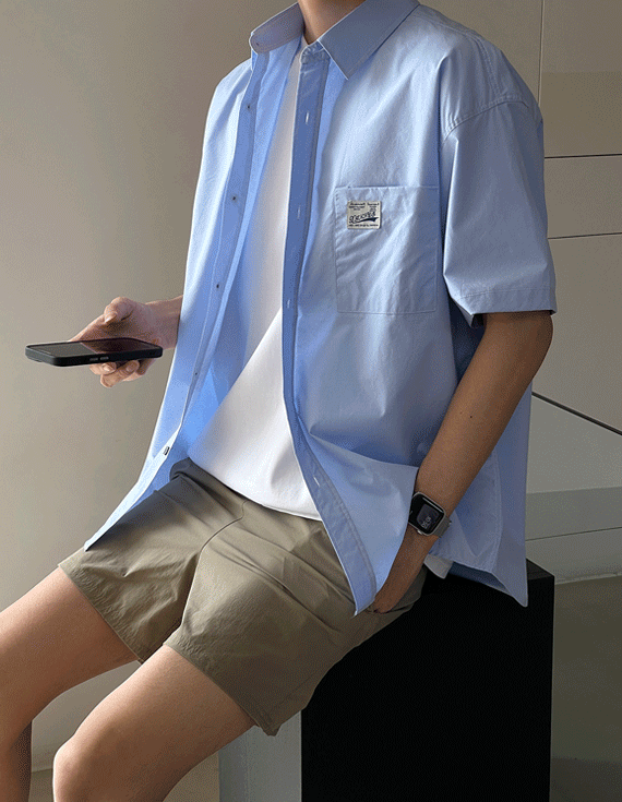 JOGUNSHOP - 라벨 포인트 루즈핏 반팔 셔츠Free(95~110)♡韓國男裝上衣